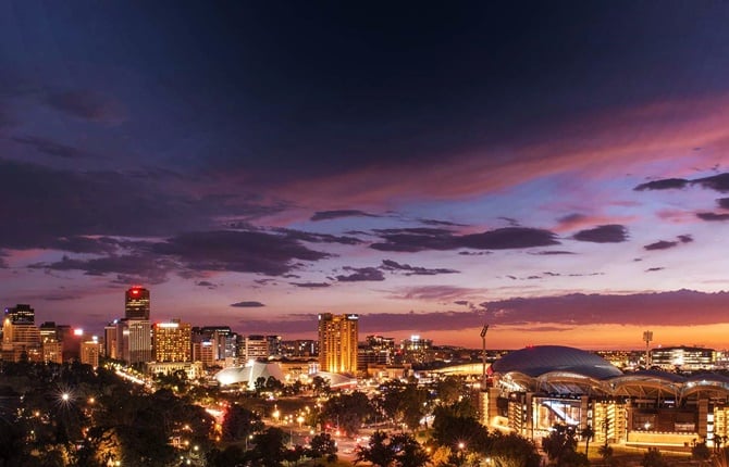 The skyline of Adelaide city at night
